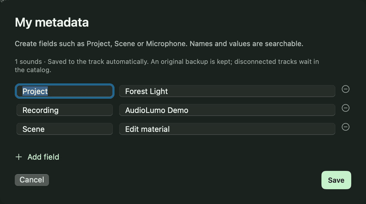 AudioLumo: real app screenshot with example files. Interface shown in English; the app currently supports English and German.