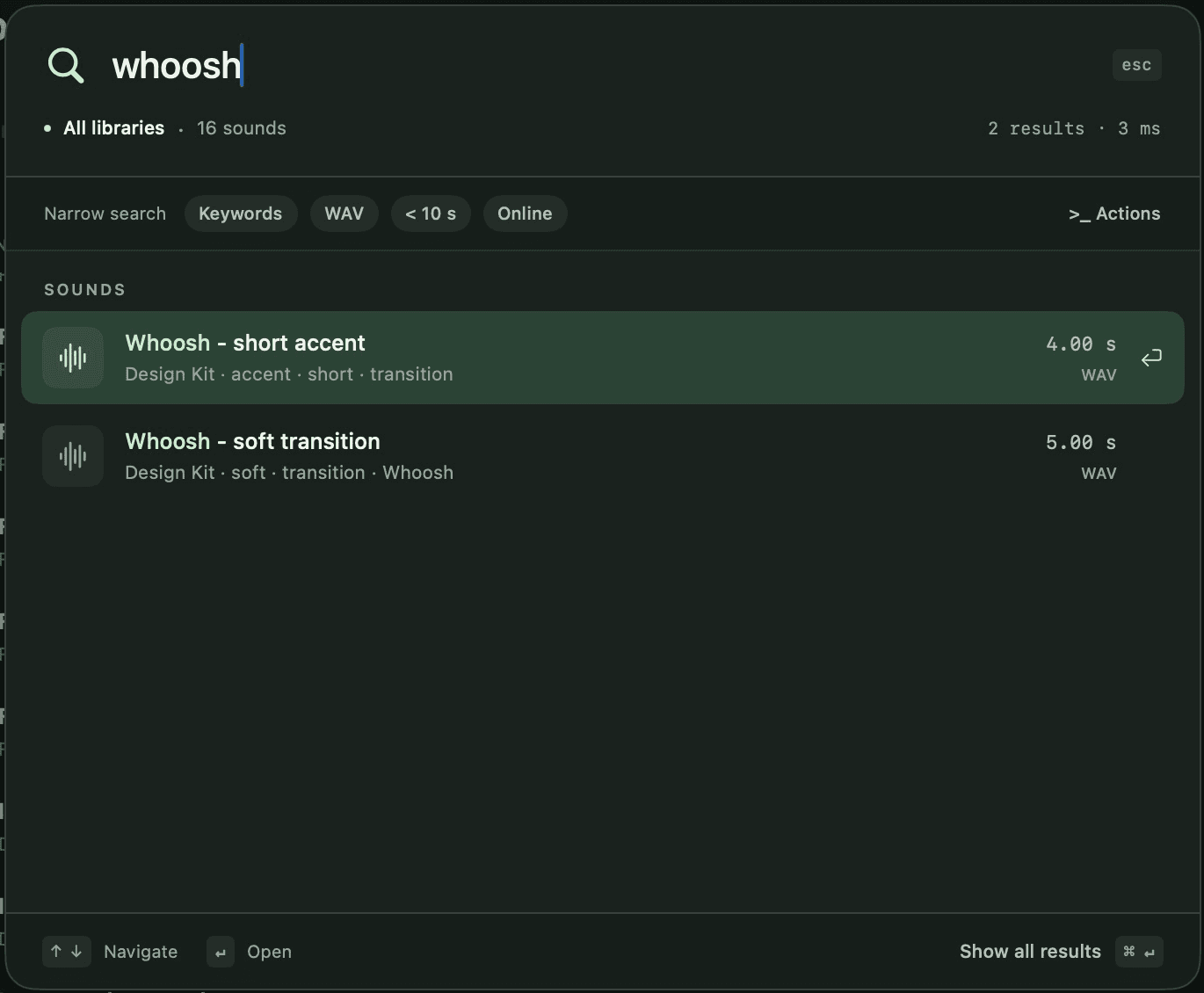 AudioLumo quick search showing two matching transition sounds in the English app