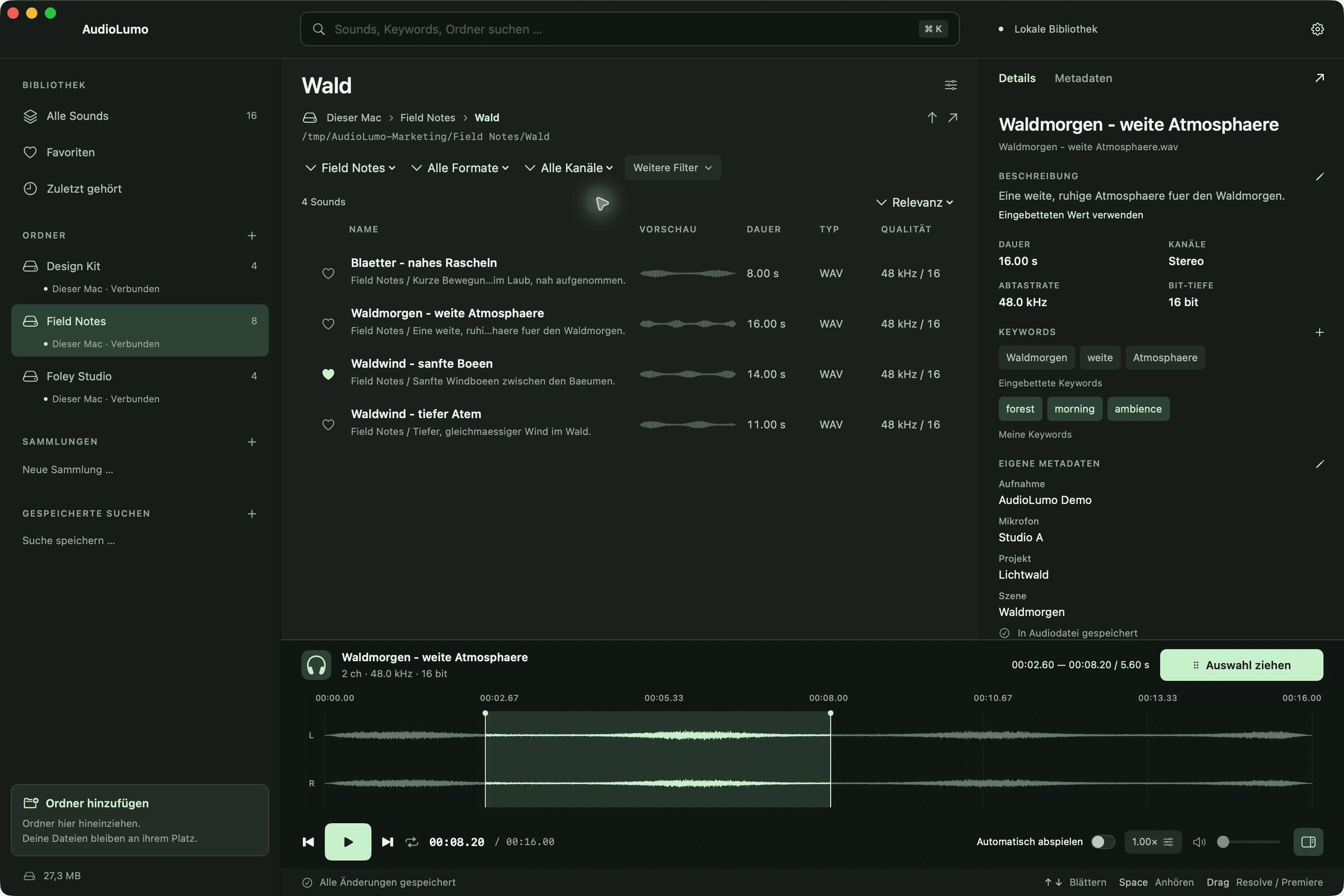 AudioLumo zeigt den Ordner Wald, den vollständigen Pfad und vier Sounds