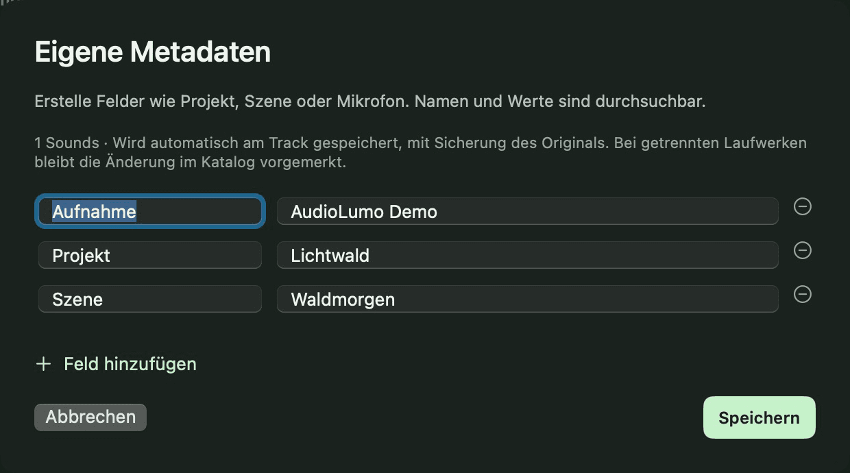 AudioLumo: echter App-Screenshot mit Beispieldateien. Oberfläche auf Deutsch; die App unterstützt aktuell Englisch und Deutsch.