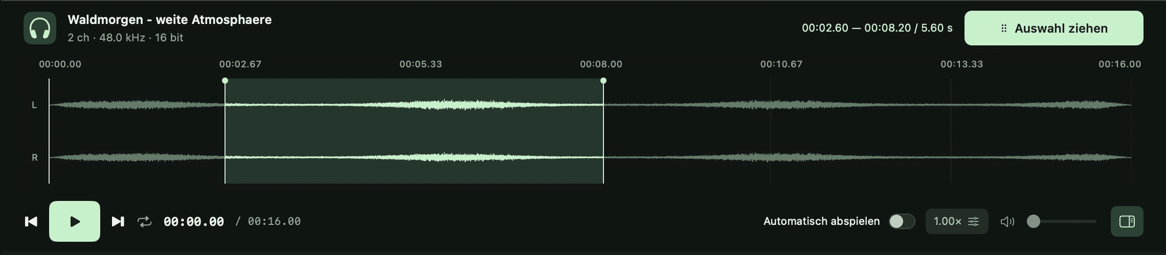 AudioLumo-Player mit markiertem Wellenformbereich und WAV-Export